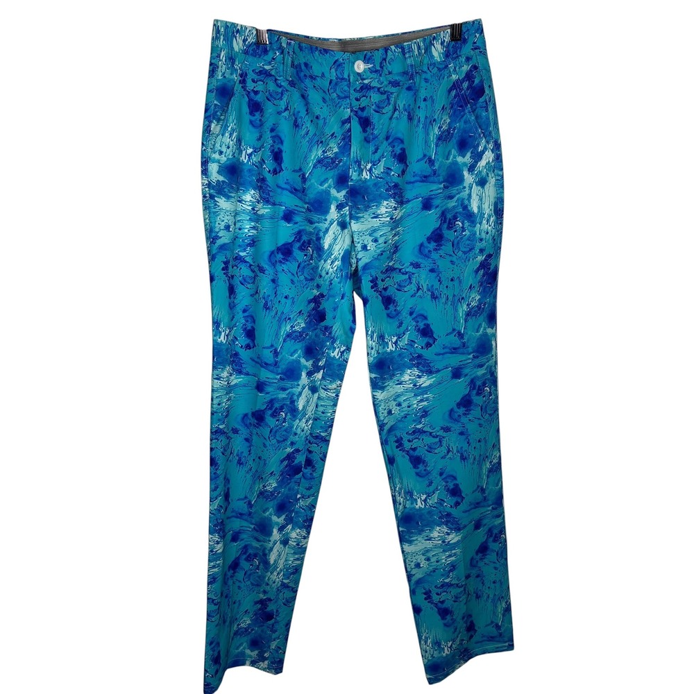 Hreski Mens Blue White Abstract Swirl Golf Pants Performance Stretch 32W 31L